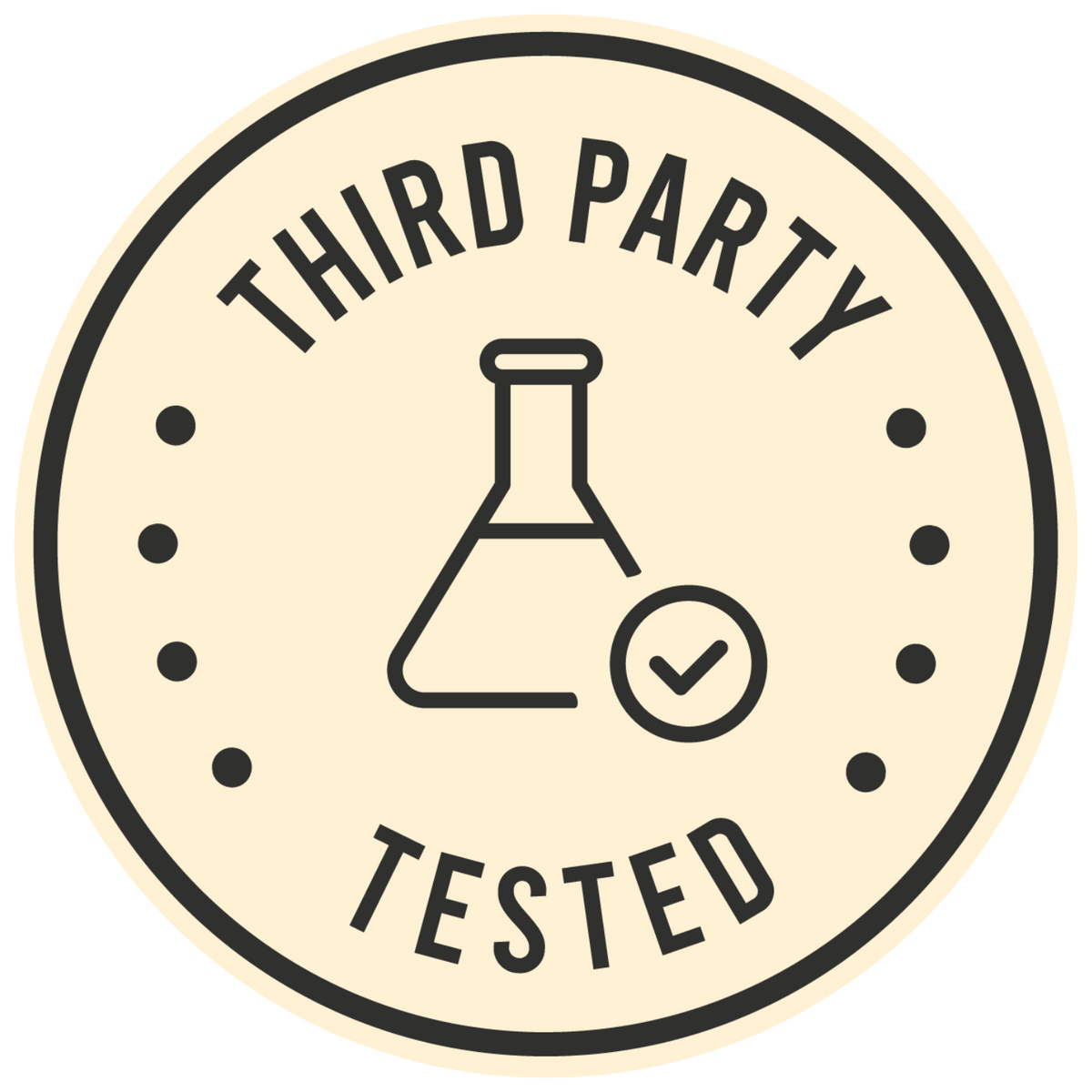 a round white label with a test tube and a check mark